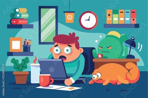 Working late at home with pets in a colorful workspace