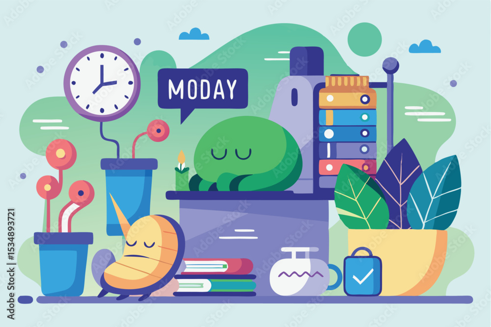 Fototapeta premium Colorful desk arrangement with plants and cute characters on a Monday morning