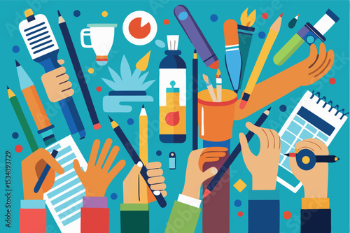 Creative workspace filled with colorful art supplies and hands engaged in various tasks