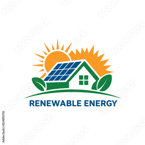 Eco Friendly Solar Energy Logo Design, Renewable Energy Symbol with Sun, Solar Panels, and Leaf Logo Design Vector