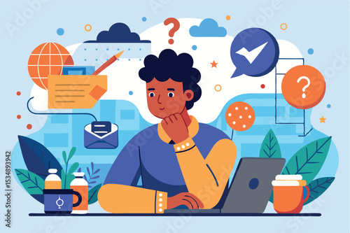 Young man contemplating ideas while working on a laptop in a creative workspace filled with colorful illustrations