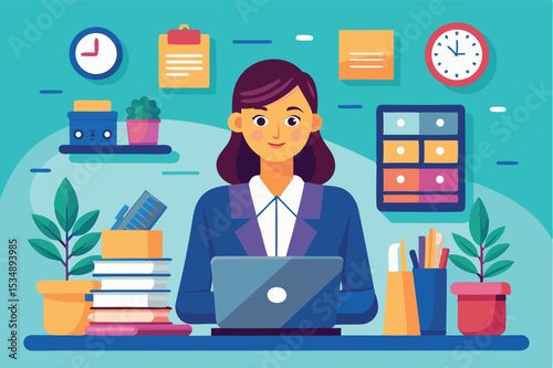 Proficient woman working on a laptop at desk with plants and office supplies