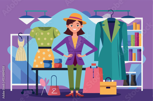 Fashion display with a smiling model showcasing vibrant clothing