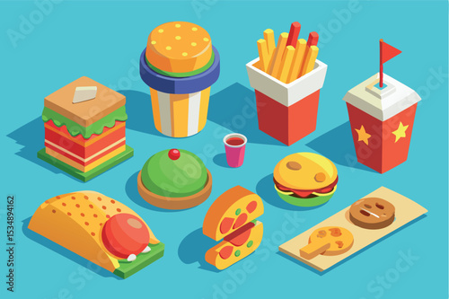 Colorful assortment of fast food items on a blue background in a playful style