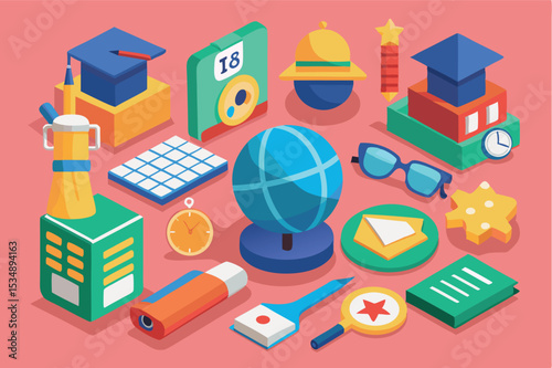 Colorful collection of school supplies and educational tools arranged on a pink background