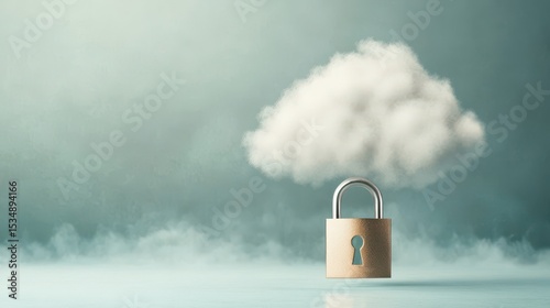 A metallic padlock is shown securing a fluffy cloud, symbolizing cloud data security and protection in a digital environment.