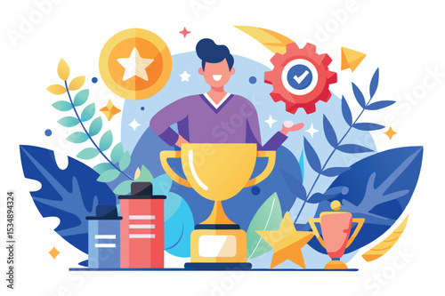 Celebrate achievements with a trophy and success symbols in a vibrant illustration