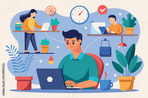 Creative workspace with people using laptops and plants