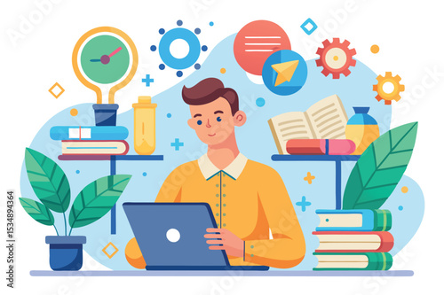 Young man studying in a bright workspace with plants