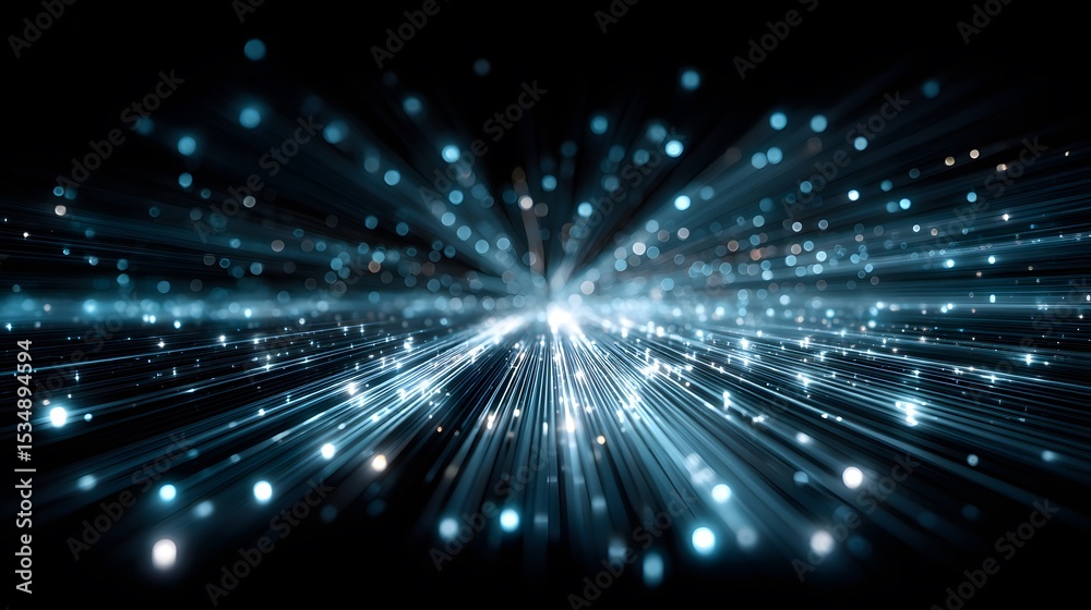 Fototapeta premium Abstract Blue Light Burst with Radiating Particles in Dark Background