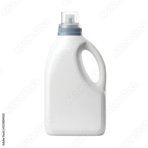 A white plastic laundry detergent bottle with a handle on transparent background