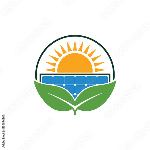 Eco Friendly Solar Energy Logo Design, Renewable Energy Symbol with Sun, Solar Panels, and Leaf Logo Design Vector