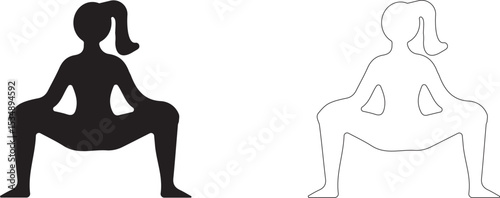Overweight woman in deep squat. Weight loss vector icon.