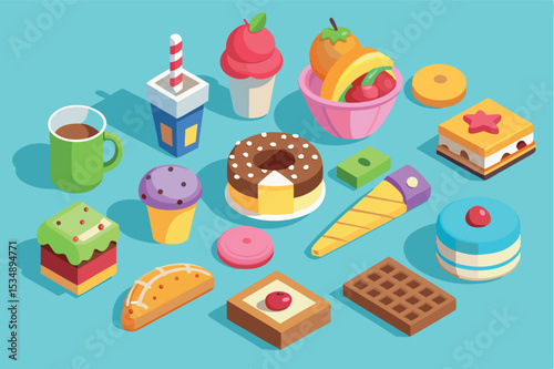 Colorful variety of desserts and snacks on a blue background featuring ice cream, cupcakes, and chocolates available for enjoyment