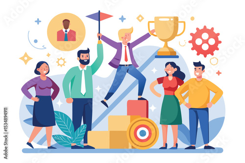 Team celebrating success with trophy and teamwork activity at a colorful event