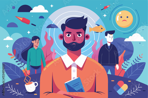 Depicting emotions in a colorful illustration of individuals interacting in a surreal landscape