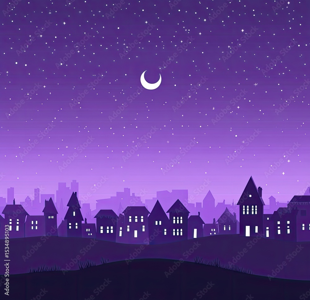 Naklejka premium Night cityscape with crescent moon. Silhouettes of houses and buildings