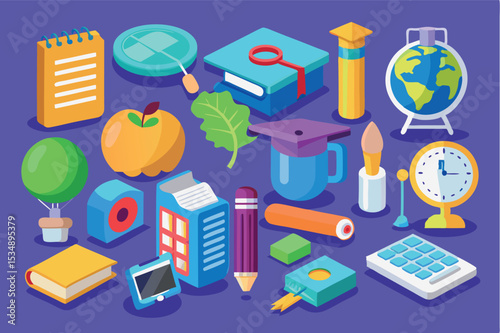 Collection of colorful educational items arranged on a purple background showcasing study essentials and learning tools