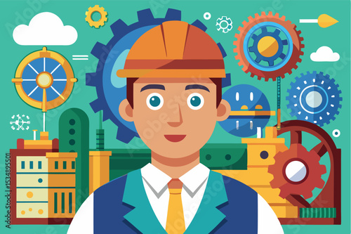 Engineer in hard hat with gears and machinery in background, showcasing industrial theme and teamwork spirit