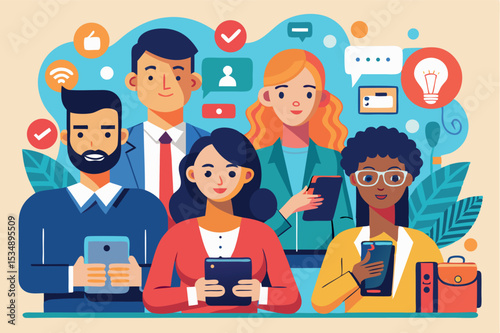 Group of diverse people engaged in social media activities indoors during the day