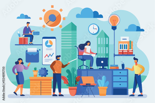 Modern office workspace with diverse professionals collaborating in a vibrant setting