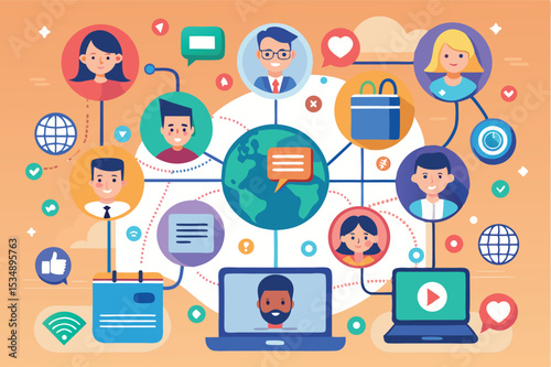 Connecting people through digital communication and technology in a colorful illustration