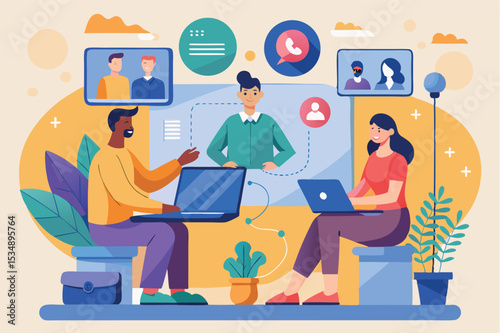 Collaborative online meeting with diverse team members in a modern workspace