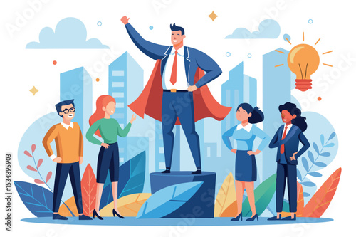 Team celebrates success with a leader in a superhero pose among modern buildings