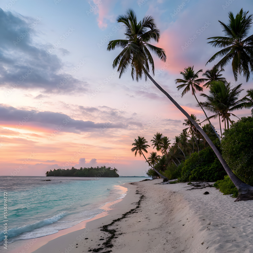 Fototapeta premium Serene Tropical Island Silhouette at Sunset: Vibrant Orange and Pink Sky Reflecting on Calm Ocean Waters with Palm Trees in the Foreground