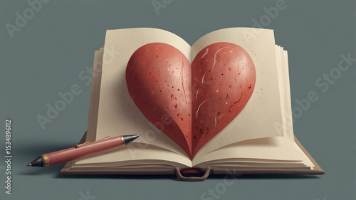 Notebook with Heart Shape and Pen. Notebook with a heart and pen on a pink surface