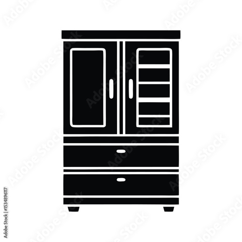 Black and white vector illustration of a wooden furniture cabinet with open drawers, perfect for bedroom or office interior design wardrobe almirah cupboard silhouette icon