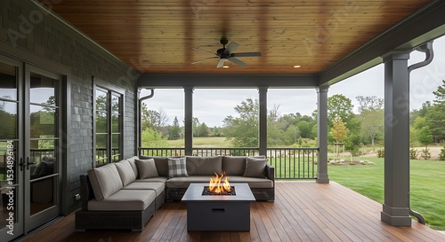 A luxurious and inviting covered back porch designed as a sophisticated outdoor living room. A large, comfortable sectional sofa with plush cushions is arranged around a modern gas fire pit table, whi