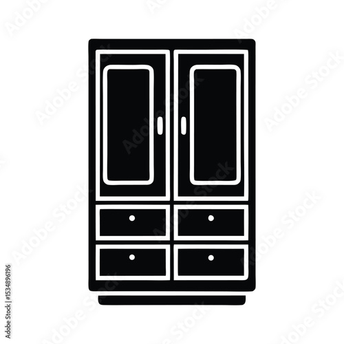 Modern black and white vector illustration of a door with a smartphone icon, symbolizing smart home technology wardrobe almirah cupboard silhouette icon