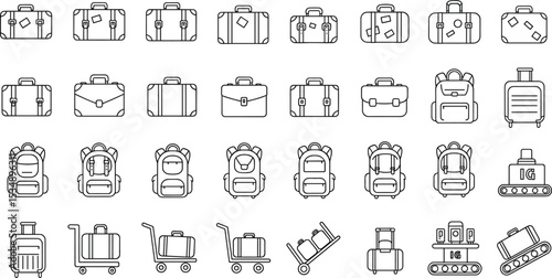 Luggage vector icon collection, suitcase, backpack, trolley, baggage conveyor belt, travel essentials, minimal line art illustration set