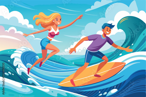 Surfers riding waves at a sunny beach during summer