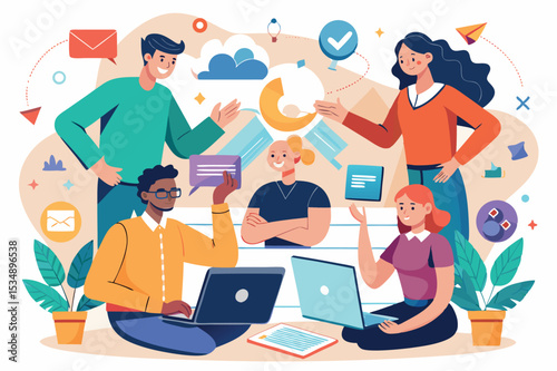 Collaborative brainstorming session among diverse team members in a modern workspace