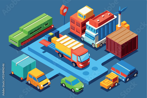 Various vehicles and cargo in a transport hub setting during daytime