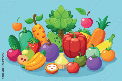 Colorful assortment of fresh fruits and vegetables in a vibrant display with playful design