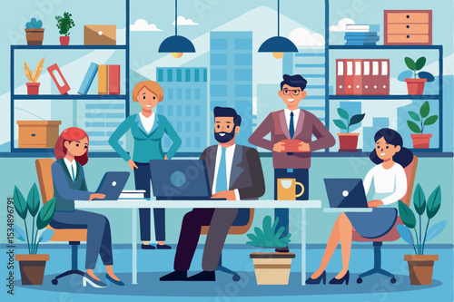 Team collaboration in a modern office setting during daytime with plants and supplies