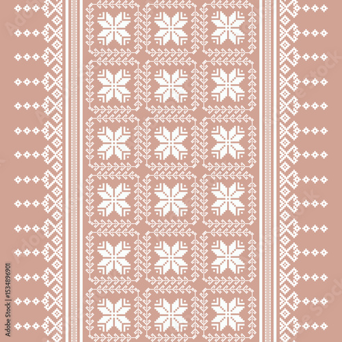 Embroidered Textile Design with Geometric and Floral Motifs