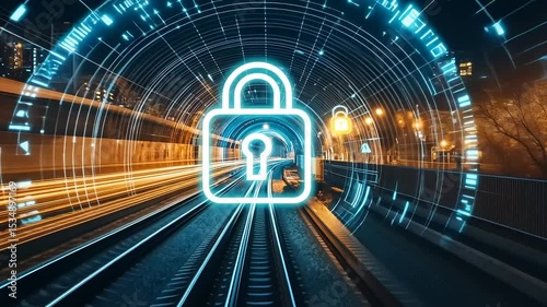 Digital security concept with a padlock symbol over a train track at night with glowing technology elements