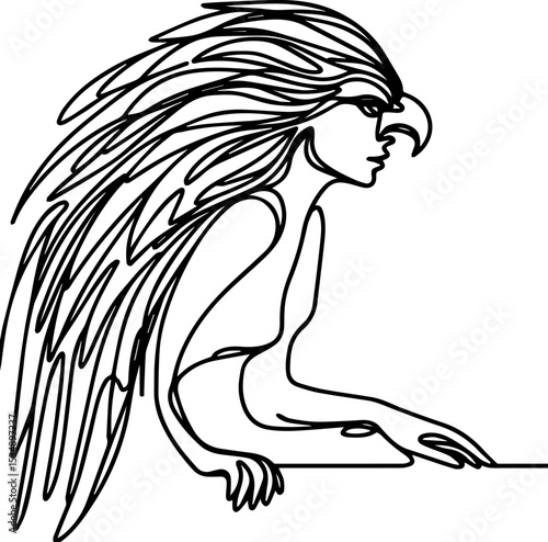 Harpy.Abstract line drawing of a woman with eagle features and wings  