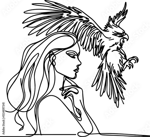 Woman in profile with an eagle flying above her in line art  