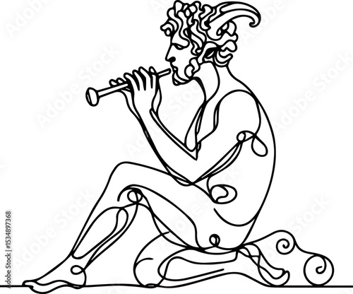 Line art illustration of  Satyr playing a flute while sitting  
