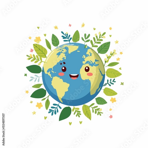 Smiling Earth Character Surrounded by Leaves, Nature Illustration, Bright and Cheerful Environment, Whimsical Viewpoint