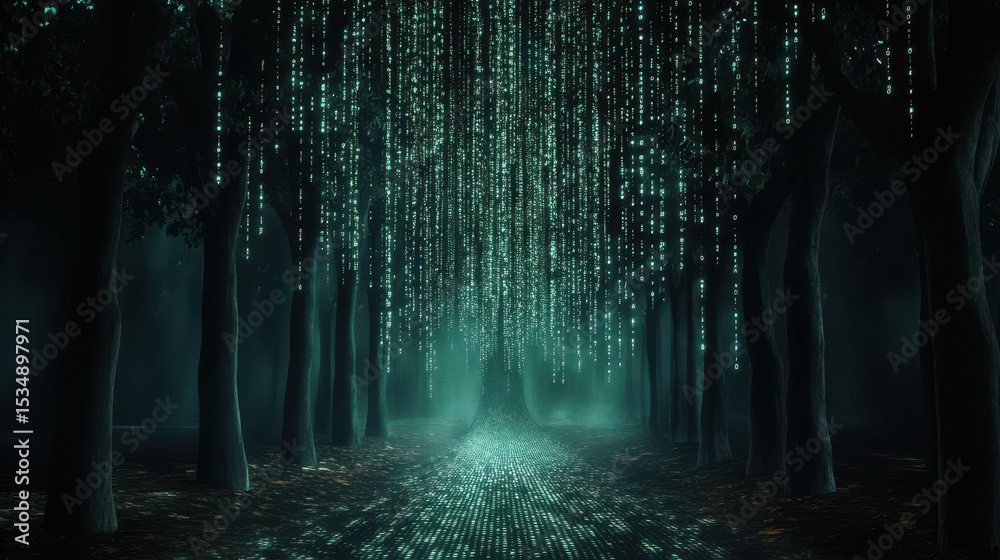 Obraz premium A digital forest scene with glowing binary code streams cascading from tree branches, evoking a futuristic, virtual reality atmosphere.