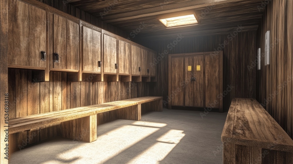 Wooden storage lockers and bench in gym locker room Wooden storage lockers and bench in gym locker room