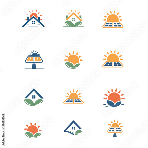 Eco Friendly Solar Energy Logo Design, Renewable Energy Symbol with Sun, Solar Panels, and Leaf Logo Design Vector