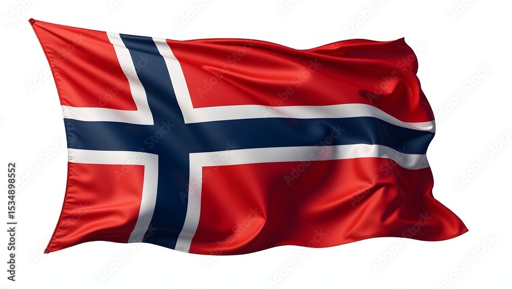 Fototapeta premium Photorealistic image of the flag of Norway with a red field and a dark blue cross outlined in white, isolated on a white background with realistic fabric texture and folds.
