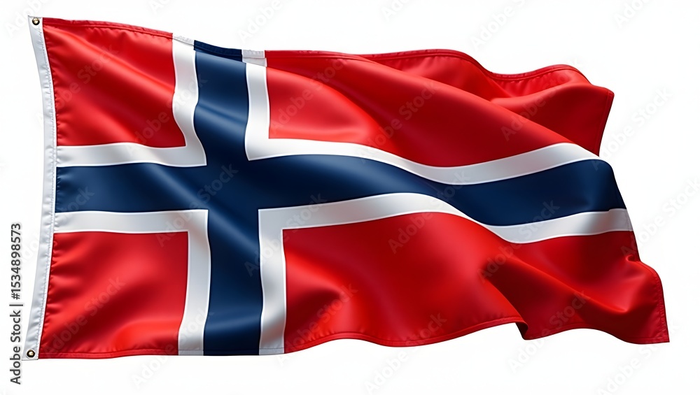 Fototapeta premium Photorealistic image of the flag of Norway with a red field and a dark blue cross outlined in white, isolated on a white background with realistic fabric texture and folds.